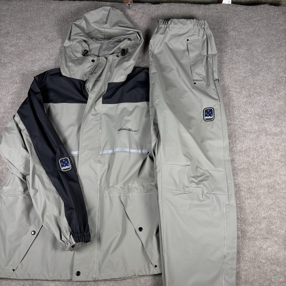 Eddie Bauer Rain Suit Jacket Pants Waterproof Hooded Tan Mens M Medium Set